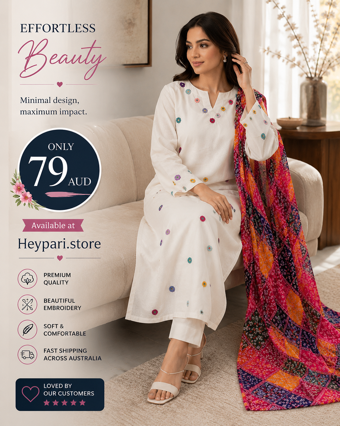 Elegant White Embroidered 3-Piece Lawn Suit with Multicolor Dupatta