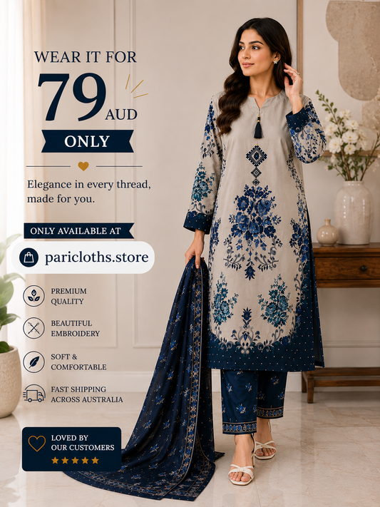 Elegant Beige & Navy Printed 3-Piece Suit