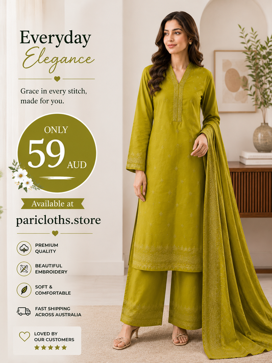 Elegant Olive Green Embroidered 3-Piece Suit | PariCloths
