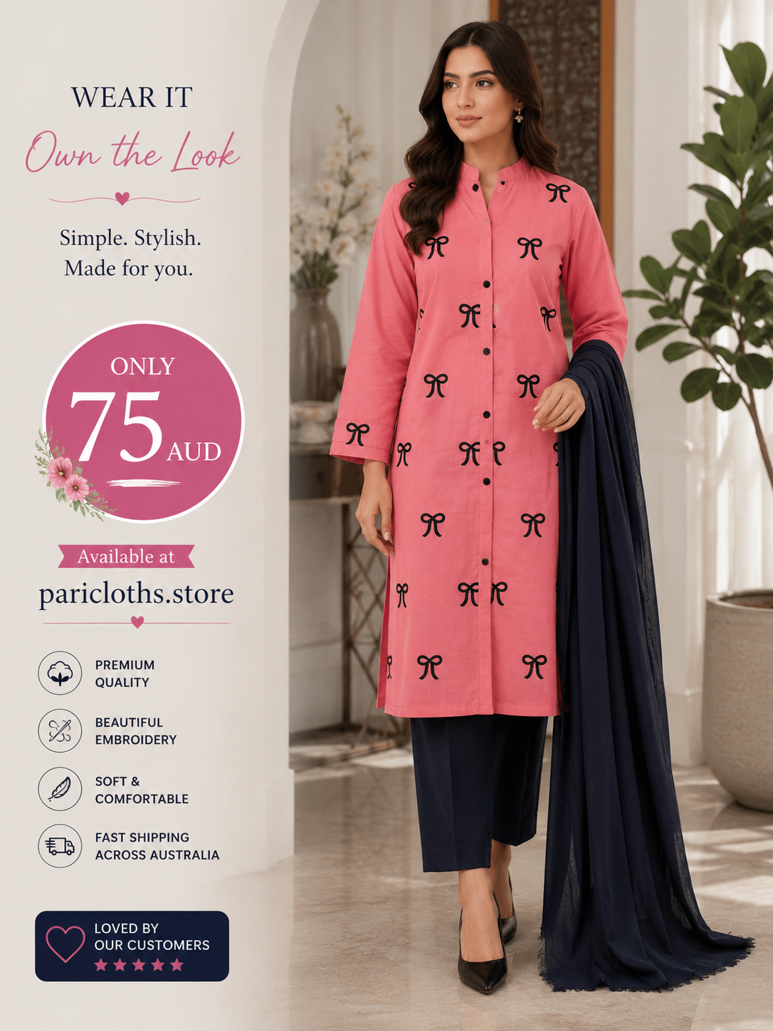 Pink Bow Print 2 Piece Lawn Suit – Premium Women’s Summer Collection