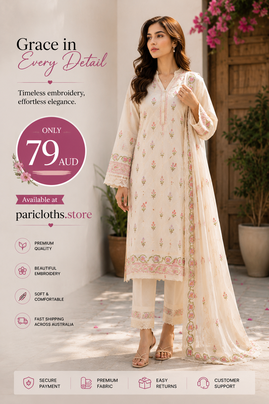 Cream Floral Embroidered 2 Piece Lawn Suit – Elegant Pakistani Summer Outfit
