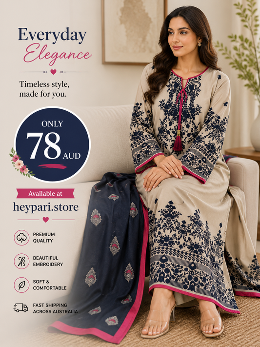 Elegant Printed 3-Piece Lawn Suit – Beige & Navy | HeyPari