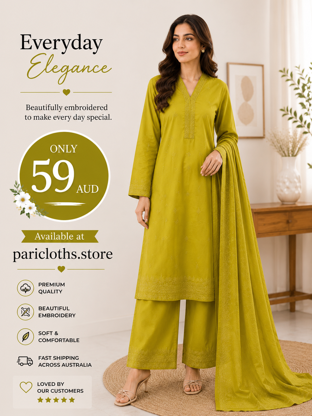Elegant Olive Green Embroidered 3-Piece Suit | PariCloths