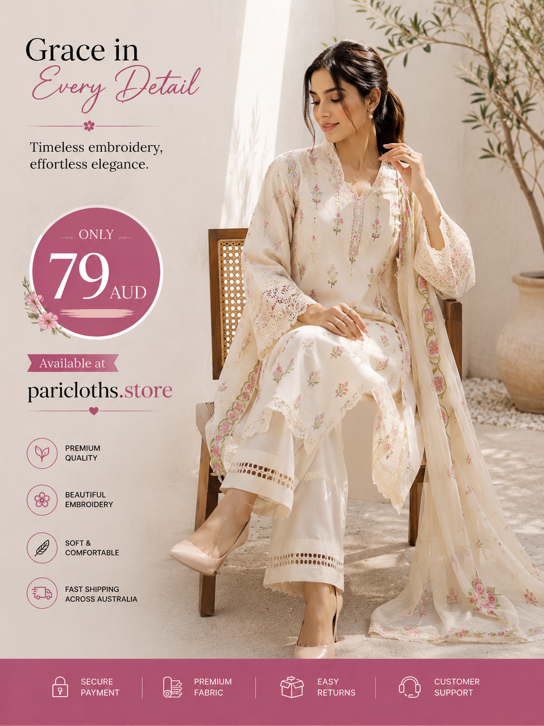 Cream Floral Embroidered 2 Piece Lawn Suit – Elegant Pakistani Summer Outfit