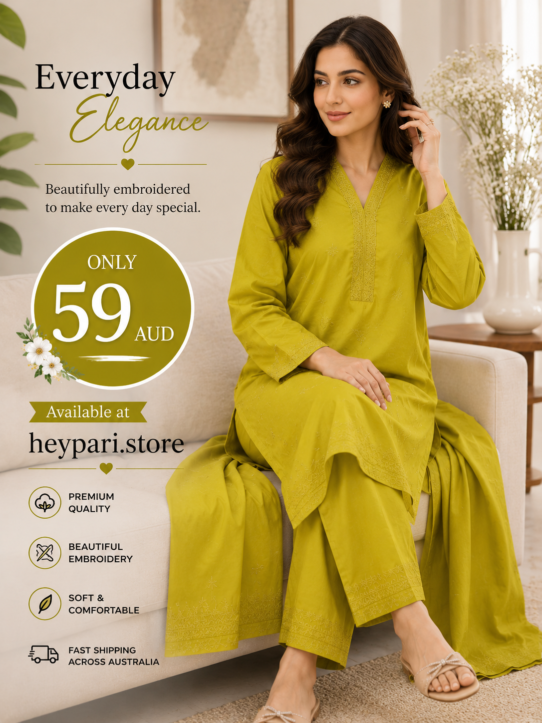 Elegant Olive Green Embroidered 3-Piece Suit | PariCloths
