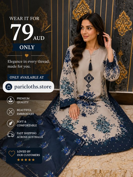 Elegant Beige & Navy Printed 3-Piece Suit