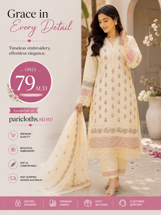 Cream Floral Embroidered 2 Piece Lawn Suit – Elegant Pakistani Summer Outfit
