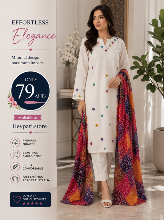 Elegant White Embroidered 3-Piece Lawn Suit with Multicolor Dupatta