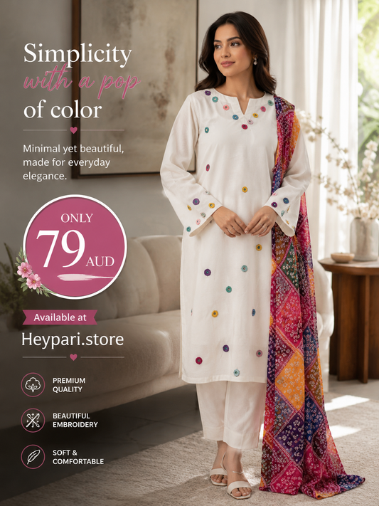 Elegant White Embroidered 3-Piece Lawn Suit with Multicolor Dupatta