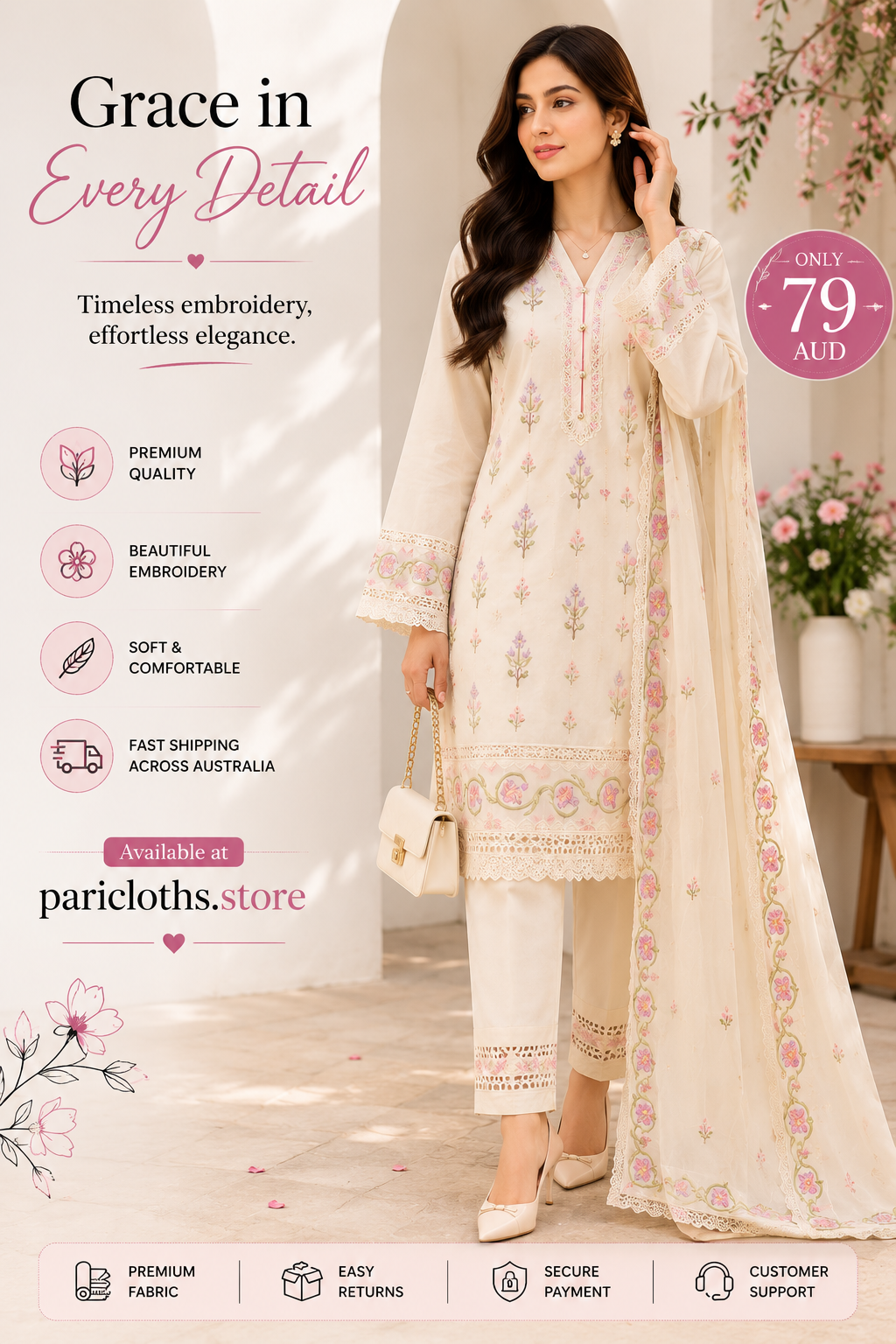 Cream Floral Embroidered 2 Piece Lawn Suit – Elegant Pakistani Summer Outfit