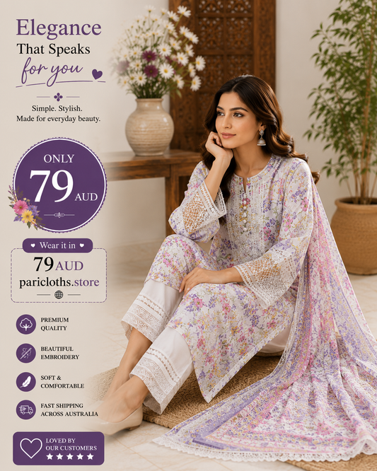 Lavender Bloom Premium 2 Piece Lawn Suit – Floral Printed Pakistani Dress