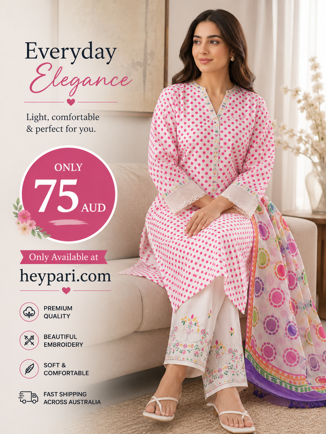 Elegant Printed 3-Piece Lawn Suit – Cream & Navy