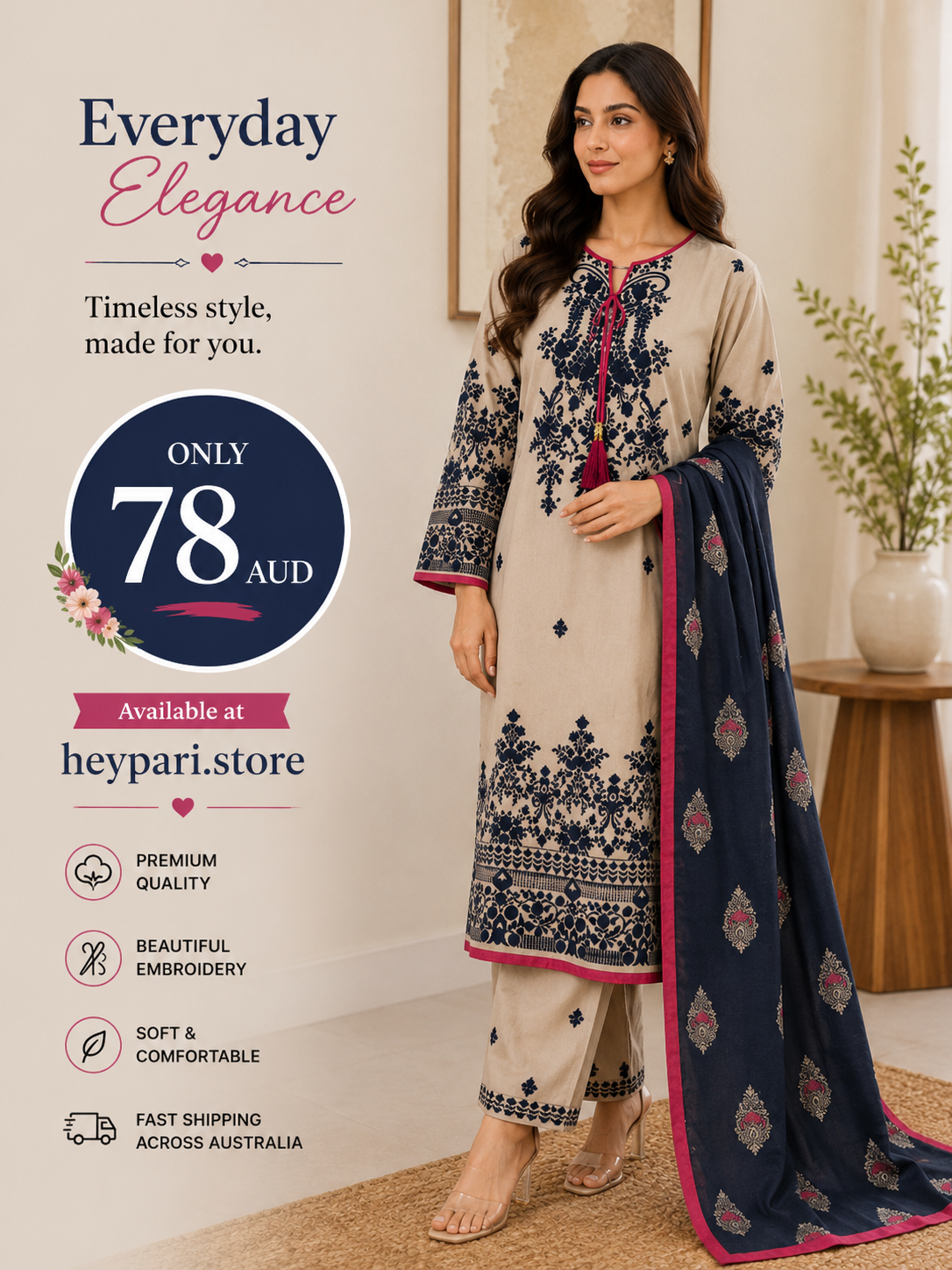 Elegant Printed 3-Piece Lawn Suit – Beige & Navy | HeyPari