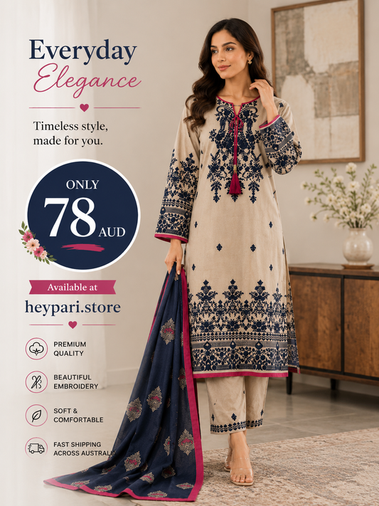Elegant Printed 3-Piece Lawn Suit – Beige & Navy | HeyPari