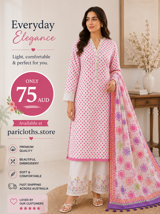 Elegant Printed 3-Piece Lawn Suit – Cream & Navy