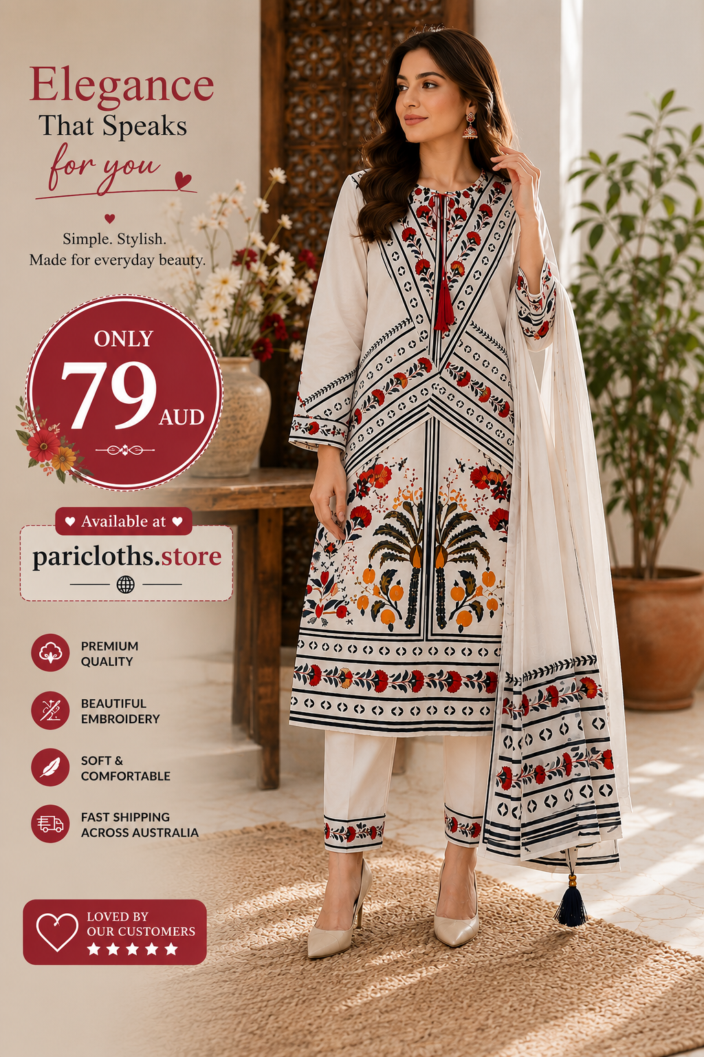 PariCloths White Embroidered Lawn 3 Piece Suit – Elegant Floral Print | Premium Pakistani Dress