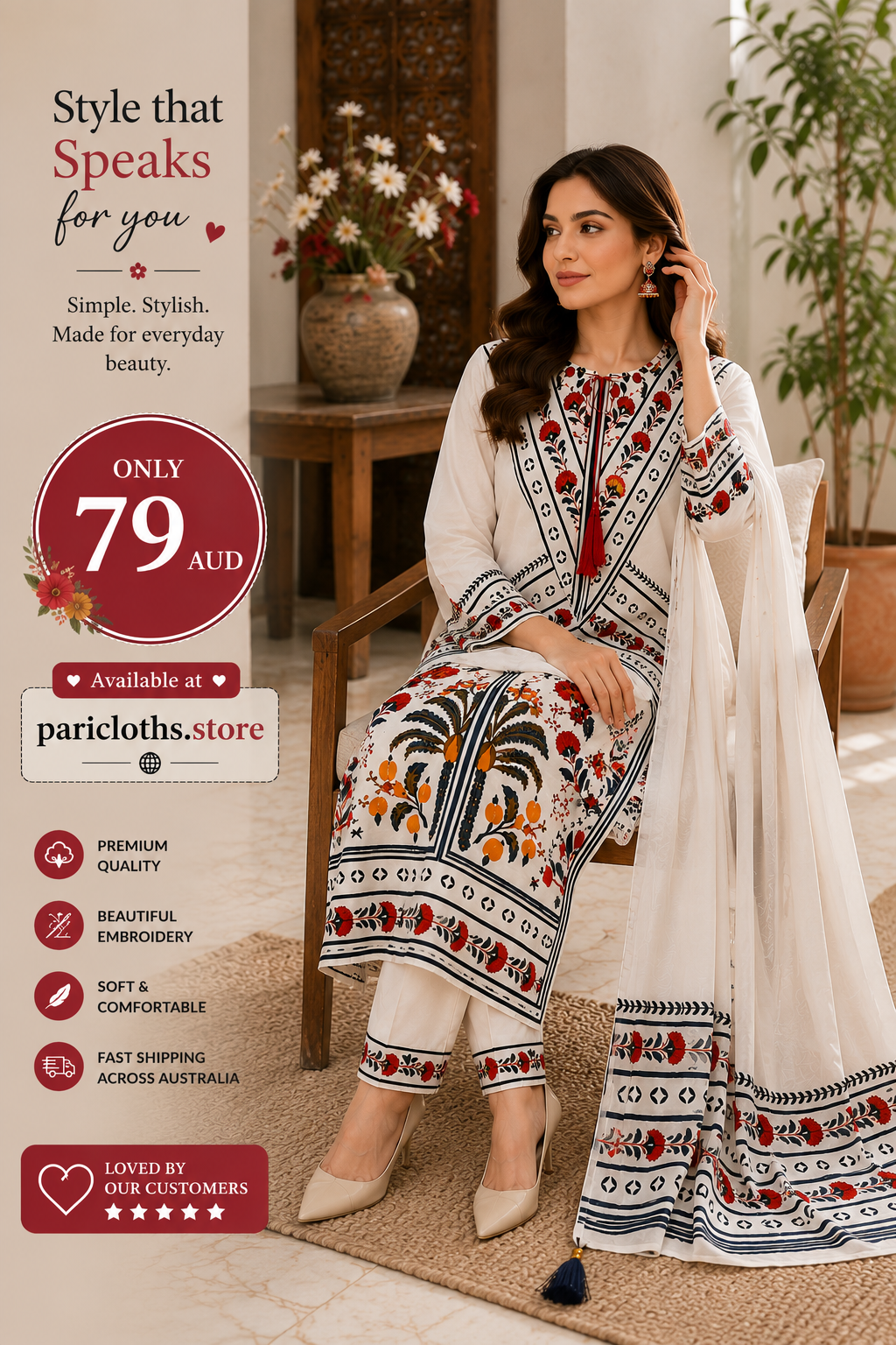 PariCloths White Embroidered Lawn 3 Piece Suit – Elegant Floral Print | Premium Pakistani Dress