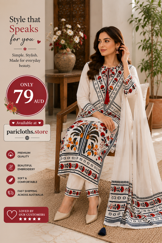 PariCloths White Embroidered Lawn 3 Piece Suit – Elegant Floral Print | Premium Pakistani Dress