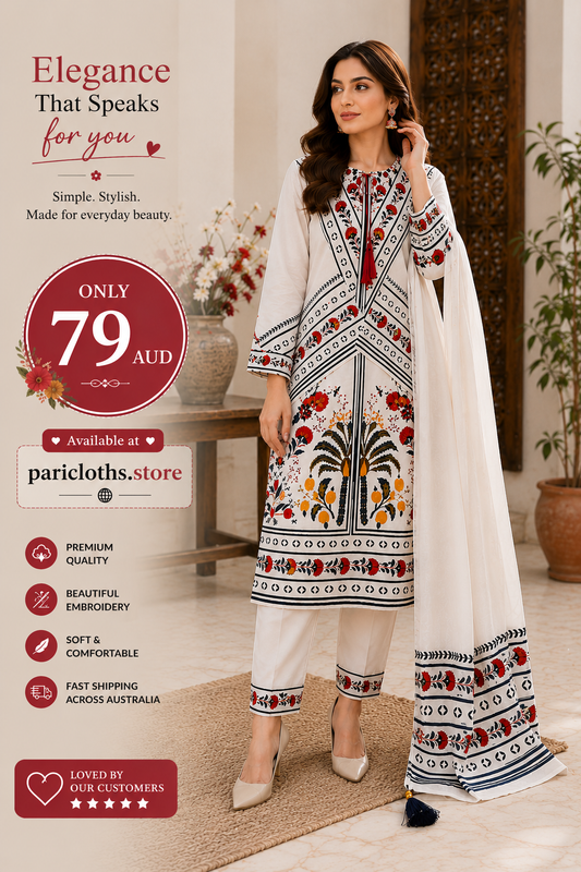 PariCloths White Embroidered Lawn 3 Piece Suit – Elegant Floral Print | Premium Pakistani Dress