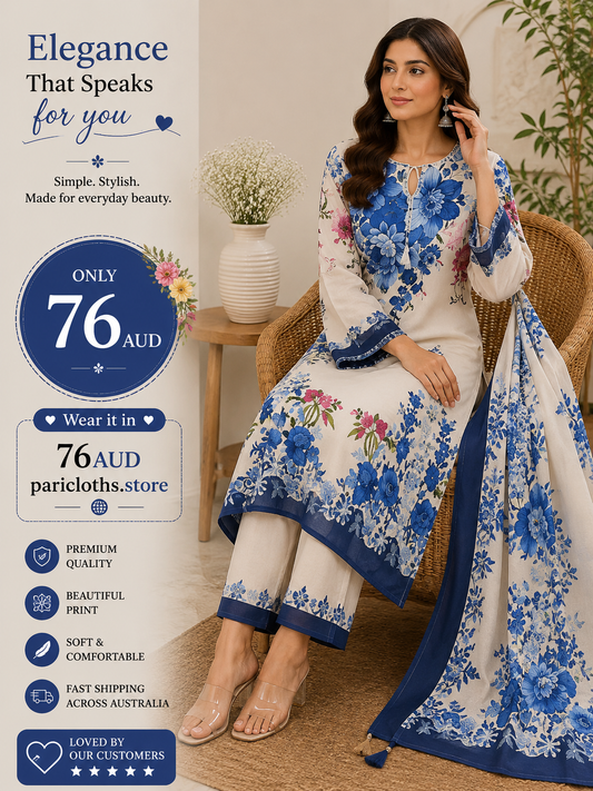 Blue Floral Printed Lawn 2 Piece Suit – Elegant Summer Collection