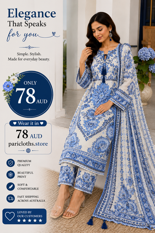 Blue Floral 2 Piece Lawn Suit – Elegant Printed Pakistani Summer Dress