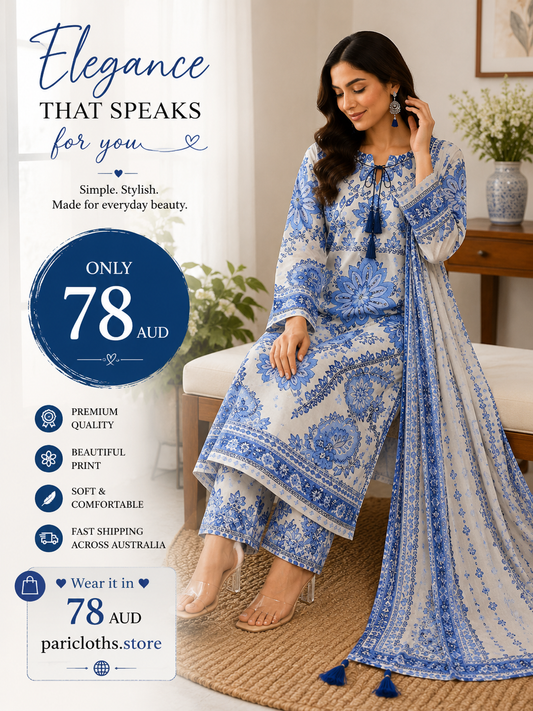 Blue Floral 2 Piece Lawn Suit – Elegant Printed Pakistani Summer Dress