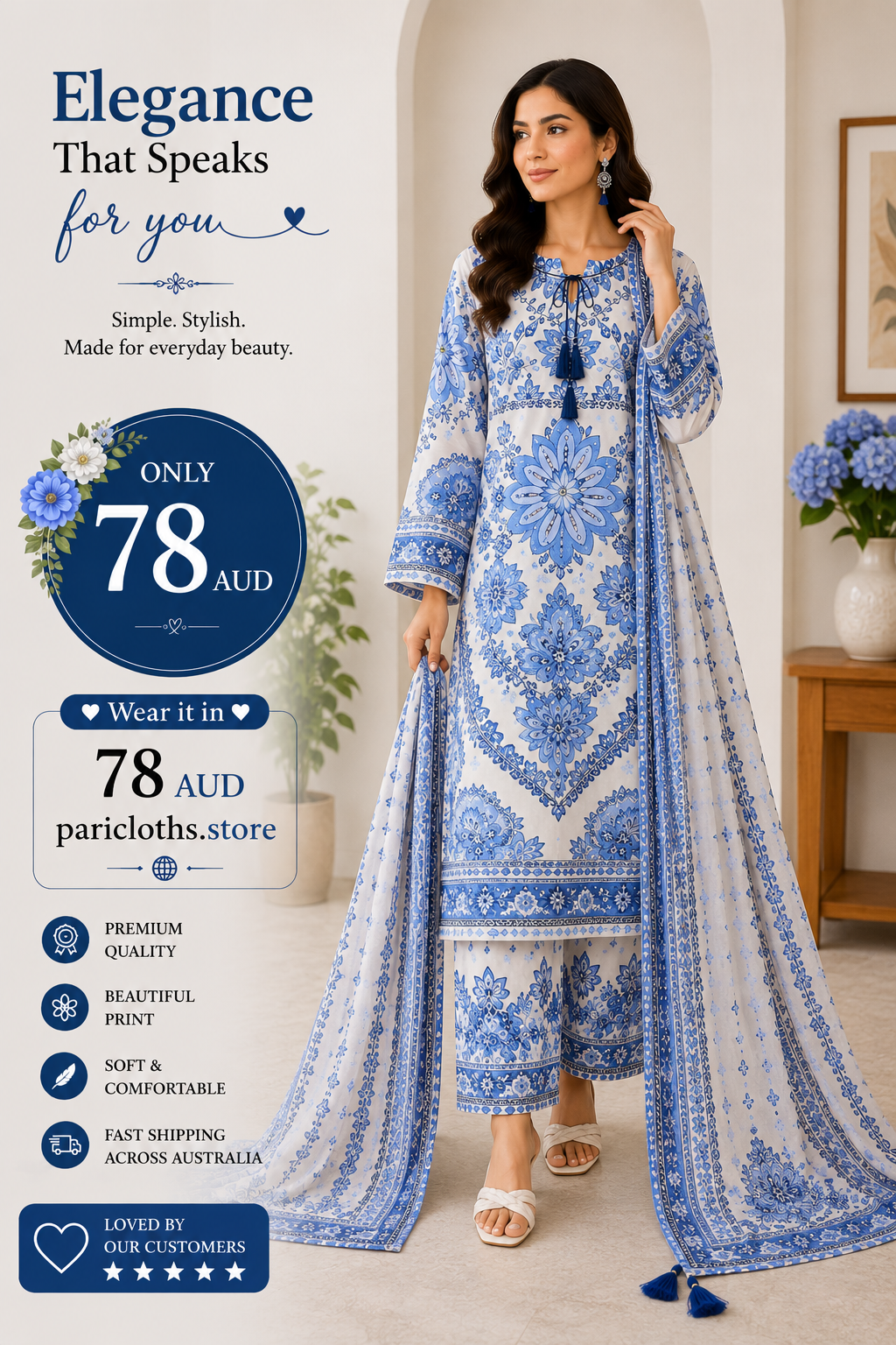 Blue Floral 2 Piece Lawn Suit – Elegant Printed Pakistani Summer Dress