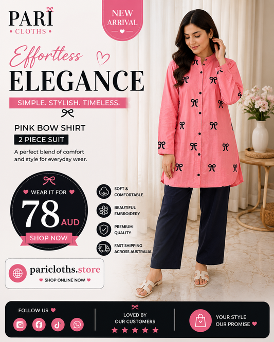 Pink Bow 2 Piece Lawn Suit – Elegant Pakistani Casual Summer Outfit